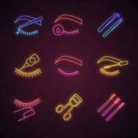 Eyelash extension neon light icons set. Makeup tools. Primer, cluster, tweezers, glue, lash curler, scissors, stop touching, disposable mascara wands. Glowing signs. Vector isolated illustrations