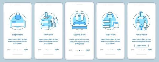 Room types onboarding mobile app screen vector template. Accommodation, apartment booking. Single, twin, double hotel rooms walkthrough website steps. Hostel, motel. UX, UI, GUI smartphone interface