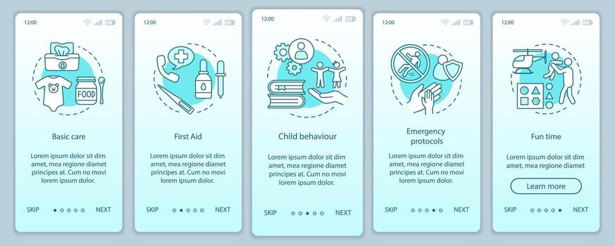 Clases de niñeras que incorporan la plantilla de vector de pantalla de la aplicación móvil. cuidado de niños formación en cuidado de niños. paso a paso del sitio web. pediatría. programa de cursos de puericultura. ux, ui, interfaz de teléfono inteligente gui