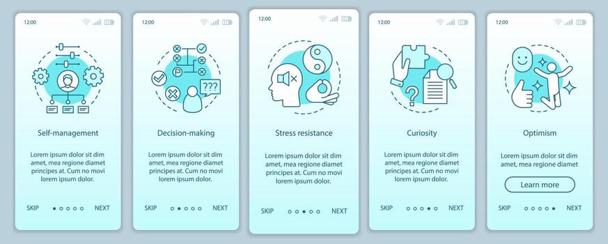 habilidades comerciales que incorporan la plantilla de vector de pantalla de la página de la aplicación móvil. Empleada suave, baseine calidades. toma de decisiones, curiosidad, pasos del sitio web del tutorial de optimismo. ux, ui, interfaz de teléfono inteligente gui
