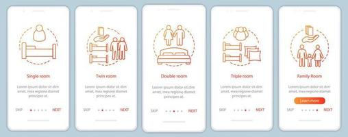 Hotel room types onboarding mobile app screen vector template. Booking accommodation, apartment. Single, twin, family rooms walkthrough website steps. Hostel, motel. UX, UI, GUI smartphone interface