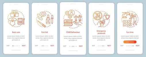 Babysitting training onboarding mobile app screen vector template. Childcare courses. Walkthrough website steps. Pediatrics. Babysitters education program. UX, UI, GUI smartphone interface concept