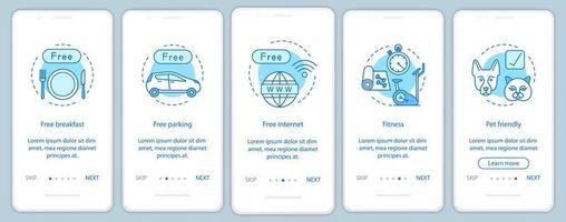 servicios del hotel que incorporan la plantilla de vector de pantalla de la aplicación móvil. Pasos del sitio web del recorrido por las instalaciones y servicios de la habitación con ilustraciones lineales. todo incluido. ux, ui, concepto de interfaz de teléfono inteligente gui