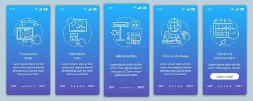 Hotel room booking onboarding mobile app page screen vector template. Choosing apartment, accommodation. Hostel, motel reservation. Walkthrough website steps. UX, UI, GUI smartphone interface concept