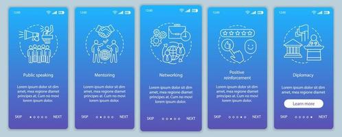 Communication skills onboarding mobile app page screen vector template. Public speaking, mentoring, diplomacy. Employee abilities walkthrough website steps. UX, UI, GUI smartphone interface concept