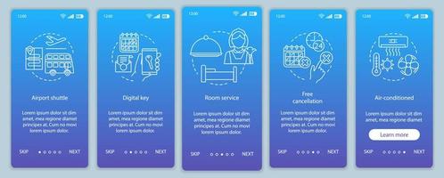 Hotel services onboarding mobile app page screen vector template. Airport shuttle, free cancellation. Walkthrough website steps with linear illustrations. UX, UI, GUI smartphone interface concept