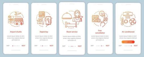 servicios de hotel que incorporan la pantalla de la página de la aplicación móvil con conceptos lineales. transporte al aeropuerto, instrucciones gráficas de los pasos del tutorial de cancelación gratuita. ux, ui, plantilla vectorial gui con ilustraciones vector