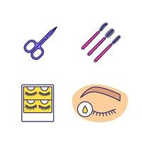 Eyelash extension color icons set. Scissors, disposable mascara wands, false lashes packaging, primer for eyelash extension. Isolated vector illustrations