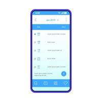 plantilla de vector de interfaz de aplicación de teléfono inteligente de recordatorio. diseño de diseño azul de la página de la aplicación de calendario móvil. pantalla del planificador de reuniones digitales. organizador personal. interfaz de usuario plana pantalla del teléfono