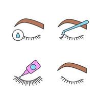 Eyelash extension color icons set. False lashes glue, primer for eyelash extension, cluster, closed woman's eye. Isolated vector illustrations