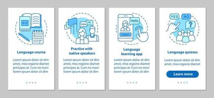 plantilla de vector de pantalla de página de aplicación móvil de incorporación de aprendizaje de idiomas. lecciones con hablantes nativos, cuestionarios de idiomas, cursos en línea. paso a paso del sitio web. ux, ui, concepto de interfaz de teléfono inteligente gui