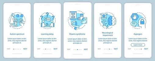 trastornos infantiles que incorporan la plantilla vectorial de pantalla de la aplicación móvil. enfermería. enfermedades de los niños. autismo, asperger, pasos del sitio web del tutorial del síndrome de down. guarderia. ux, ui, interfaz de teléfono inteligente gui vector