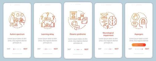 plantilla de vector de pantalla de página de aplicación móvil de incorporación de asistencia domiciliaria pediátrica. cuidado del niño lactante. Pasos del sitio web del tutorial sobre trastornos de los niños. centro médico de puericultura. ux, ui, interfaz de teléfono inteligente gui