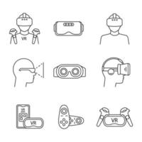 conjunto de iconos lineales de realidad virtual. símbolos de contorno de línea delgada. jugadores de juegos vr, auriculares, controladores, aplicaciones para teléfonos inteligentes. dispositivos de realidad virtual. ilustraciones aisladas de contorno vectorial. trazo editable vector