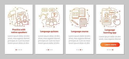 plantilla de vector de pantalla de página de aplicación móvil de incorporación de aprendizaje de idiomas. lecciones con tutor, pruebas de idiomas, cursos. paso a paso del sitio web con ilustración lineal. ux, ui, interfaz de teléfono inteligente gui