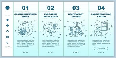 plantilla de vector de pantalla de página de aplicación móvil de incorporación de medicina y atención médica. tracto gastrointestinal, pasos de regulación endocrina con ilustraciones lineales. ux, ui, concepto de interfaz de teléfono inteligente gui