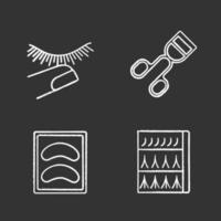 Eyelash extension chalk icons set. Stop touching lashes, curler, disposable eyeshadow pads, eyelash extension packaging. Isolated vector chalkboard illustrations