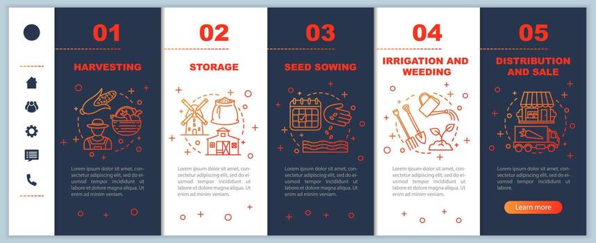 Agricultural business onboarding mobile app page screen vector template. Harvesting, sowing, distribution steps with linear illustrations. Agriculture. Farming. UX, UI smartphone interface concept