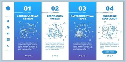 Medicine and healthcare onboarding mobile app page screen vector template. Cardiovascular, respiratory system walkthrough steps with linear illustrations. UX, UI, GUI smartphone interface concept
