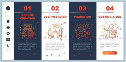 Recruitment onboarding mobile app page screen vector template. Getting job. Job interview. Job searching walkthrough website steps with linear illustrations. UX, UI, GUI smartphone interface concept