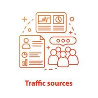 Website traffic sources concept icon. Audience growth, engagement rate. Idea thin line illustration. SMM metrics. Web analytics. Customer attraction. Vector isolated outline drawing