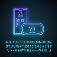 Smartphone VR headset neon light icon. Virtual reality mobile apps. VR mask, glasses, goggles with phone. Glowing sign with alphabet, numbers and symbols. Vector isolated illustration
