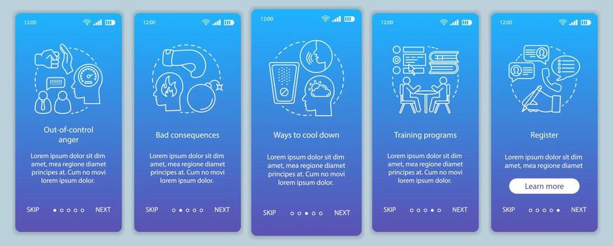 Anger management onboarding mobile app page screen vector template. Out-of-control anger, cool down ways. Walkthrough website steps with linear illustrations. UX, UI, GUI smartphone interface concept