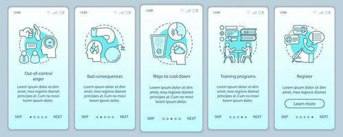 Anger management onboarding mobile app page screen vector template. Out-of-control anger, cool down ways. Walkthrough website steps with linear illustrations. UX, UI, GUI smartphone interface concept