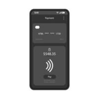 plantilla de vector de interfaz de teléfono inteligente de banca por Internet. diseño negro de la página de la aplicación móvil. pantalla de transacción de tarjeta de crédito. las compras en línea. pago electrónico. interfaz de usuario plana para la aplicación. billetera digital pantalla del teléfono