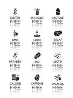 Product free ingredient drop shadow black glyph icons set. No lectine, gluten. Organic food, healthy eating. Low calories meals. Dietary without allergens and sweeteners. Isolated vector illustrations