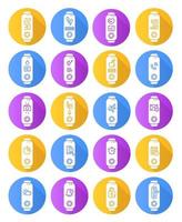 Fitness tracker functions on display flat design long shadow glyph icons set. Wellness device health monitoring options. Fitness app and smartphone synchronization. Vector silhouette illustration