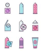 Safe sex color icons set. Male contraceptive products. Female condoms. Unplanned pregnancy prevention. Water-based lubricant. Birth control. AIDs protection. Isolated vector illustrations