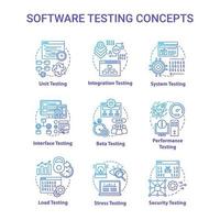 Software testing concept icons set. System perfomance verification idea thin line illustrations. Program development stages. Reliability, stability. Vector isolated outline drawings. Editable stroke