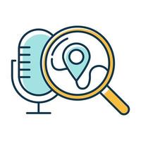 Blue geolocation voice request color icon. Location search idea. Sound control, microphone command, magnifying glass. Smart assistant, innovative technology. Isolated vector illustration