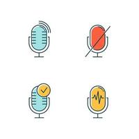 Blue microphone using modes color icons set. Voice control idea. Sound recorder installation. Speech recognition process. Mic connection problem. Technical mistake. Isolated vector illustrations