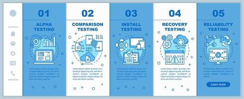 Software performance testing blue onboarding mobile web pages vector template. Responsive smartphone website interface idea with linear illustrations. Webpage walkthrough step screens. Color concept