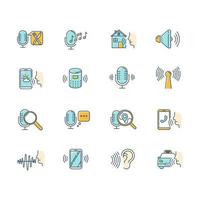 Blue voice control color icons set. Sound request idea. Speech recognition process. Microphone using modes, recording equipment. Remote controlled apps. Isolated vector illustrations