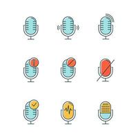 Blue microphone connection problem color icons set. Sound recorders idea. Connected mics. Different voice commands. Music equipment. Modern digital devices. Isolated vector illustrations