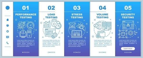 Non-functional software testing onboarding mobile web pages vector template. Responsive smartphone website interface idea with linear illustrations. Webpage walkthrough step screens. Color concept