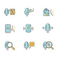 Blue voice control system color icons set. Sound requests idea. Different microphones. Music recognition, sound record. Virtual asisstance, standart voice commands. Isolated vector illustrations