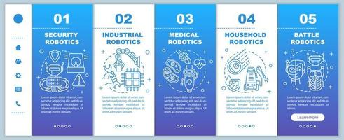 Types robotics onboarding mobile web pages vector template. Cybernetics. Responsive smartphone website interface idea with linear illustrations. Webpage walkthrough step screens. Color concept