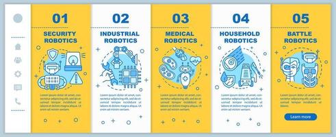 Types robotics onboarding mobile web pages vector template. Cybernetics. Responsive smartphone website interface idea with linear illustrations. Webpage walkthrough step screens. Color concept