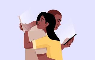 Ilustración de vector plano de adicción a teléfonos inteligentes. Dependencia de gadgets. falta de interacción personal. pareja abrazándose y desplazando teléfonos celulares personajes de dibujos animados aislados sobre fondo azul