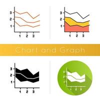 Area chart icon. Increasing graph with segments. Rising infographic. Marketing presentation. Business report visualization. Flat design, linear and color styles. Isolated vector illustrations
