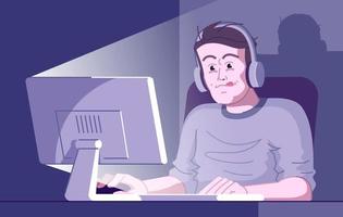 Gaming addiction flat vector illustration. Videogaming dependence. Computer entertainment obsession. Exhausted player with eyebags. Excited gamer playing online game at night cartoon character