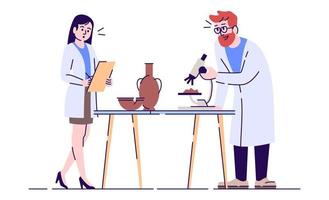 Laboratory analysis flat vector illustration. Archeological artifacts analyzing. Scientist researching pottery isolated cartoon characters with outline elements on white background