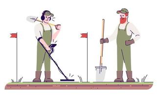 Field survey flat vector illustration. Start archeological study. Relic seekers with metal detector and shovel isolated cartoon characters with outline elements on white background