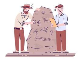 Study of ancient cave paintings flat vector illustration. Archaic civilization culture researching. Men analyzing drawing on stone isolated cartoon characters with outline elements on white background