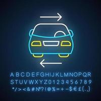 Shared car service neon light icon. Vehicle for rent. Carpooling. Ride sharing. Carshare. Lift sharing. Shared mobility. Glowing sign with alphabet, numbers and symbols. Vector isolated illustration