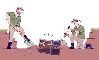 Treasure hunt flat vector illustration. Archaeological excavations. Marauding. Two caucasian men dig out chest isolated cartoon characters with outline elements on white background